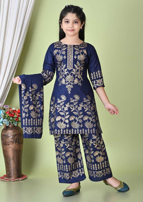 SKRAFATGARMENTS Girls Festive & Party Kurta and Palazzo Set(Blue Pack of 1)