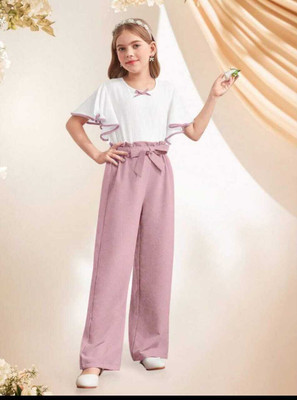 ZG GARMENTS Baby Girls Casual Top Track Pants(Peach, White)