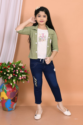 MODESTY TREND Girls Party(Festive) Top Jeans(Green)