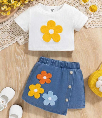an azhan dresses Girls Daisy Casual Top Skirt(WHITE & DNIM)
