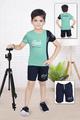Aqsa Fashion Boys Casual T-shirt Shorts(Mint_Navy, green)