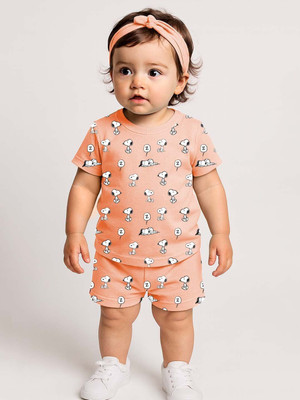 YK X Minute Mirth Boys & Girls Pluto Casual T-shirt Shorts(Peach)