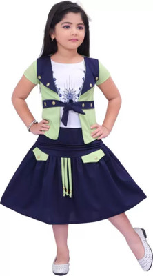 R KAY FASHIONS Girls Casual Top Skirt(GREEN)
