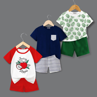 tarsier Baby Boys & Baby Girls Casual T-shirt Shorts(LEAF_NAVY/WHITE STRIPED POC_APPLE)