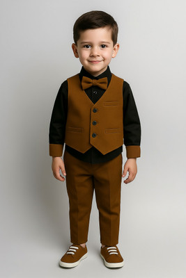 Fabmytra Boys Party(Festive) Vest Shirt, Pant, Bow Tie(Khakhi)