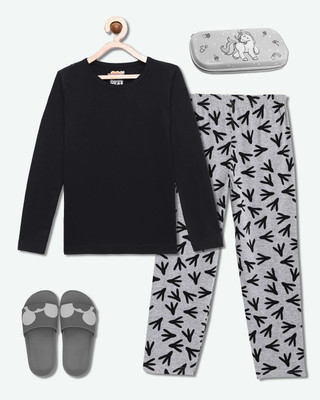 HouseOfCommon Girls Casual Pyjama Sleepsuit(BLK_DUK)