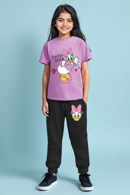 DISNEY BY MISS & CHIEF Girls Minnie Casual T-shirt Track Pants(Purple, Black)
