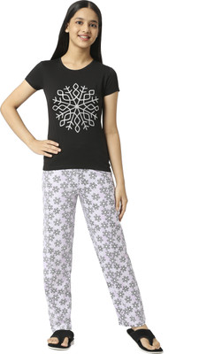 SINI MINI Girls Casual Pant Sleepsuit(BLK_SNOW)