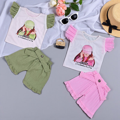SM Avenew Store Baby Girls Casual T-shirt Shorts(Pink & Green)
