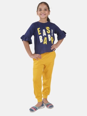 KiddoPanti Girls Casual T-shirt Track Pants(Navy & Mustard)