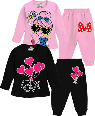 MINI MYN Baby Girls Casual T-shirt Pyjama(Black, Pink, Black2, Pink2)