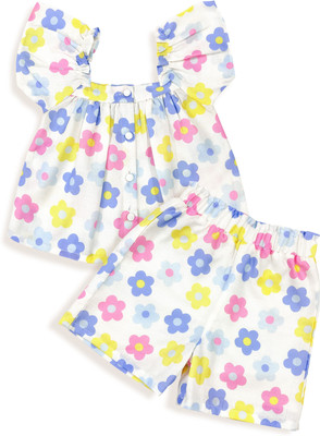 Corazon Girls Casual Top Shorts(Multicolour Flower)