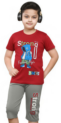 ASwings Boys Casual T-shirt Shorts(Red, Grey)