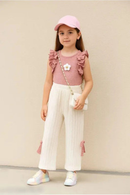 S K Fashion Girls Party(Festive) Top Pant(Peach & White)