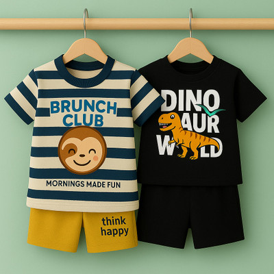 Jashmen Baby Boys & Baby Girls Dinosaur Casual T-shirt Shorts(White Navy, Black)