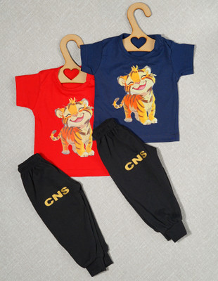 craze n stitch Baby Boys Casual T-shirt Pant(RED AND NAVY BLUE)