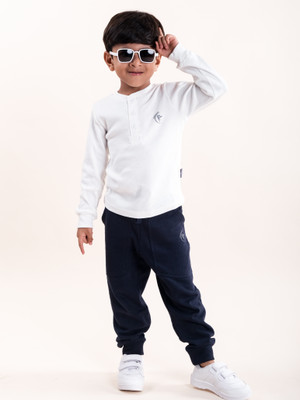 KiddoPanti Boys Casual T-shirt Track Pants(White & Navy)