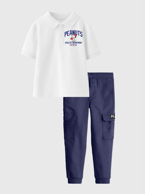 Nap Chief Boys & Girls Casual T-shirt Pant(White & Navy Blue)