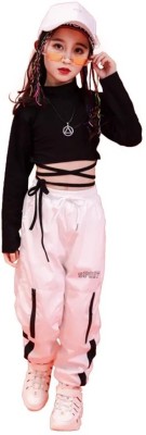 ARY Girls Casual T-shirt Track Pants(Black, White)