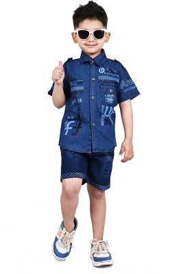 LAVASCREATION Boys Casual Shirt Shorts(Denim Blue)