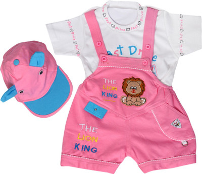 THE LITTLE BOY Baby Boys & Baby Girls Casual T-shirt Dungaree, Cap(Pink)