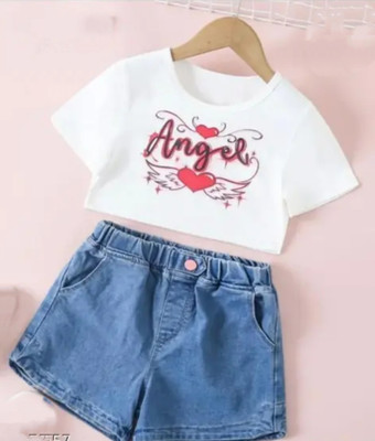 Aazeen fashion Baby Girls Party(Festive) T-shirt Pant(White blue)