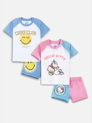 Nap Chief Girls Hello Kitty Casual T-shirt Shorts(White/Multi)