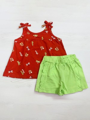 Tiny Treasure Baby Girls Casual Top Shorts(Light Green And Red)