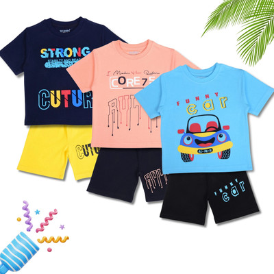 Worton Fashion Baby Boys Casual T-shirt Shorts(Blue, Peach & Navy Blue)