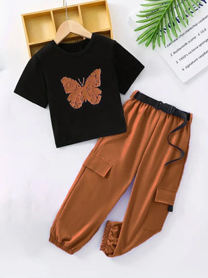 HouseOfCommon Girls Casual T-shirt Pant(Black & Coffee)