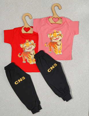 craze n stitch Baby Boys Casual T-shirt Pant(RED AND PEACH)