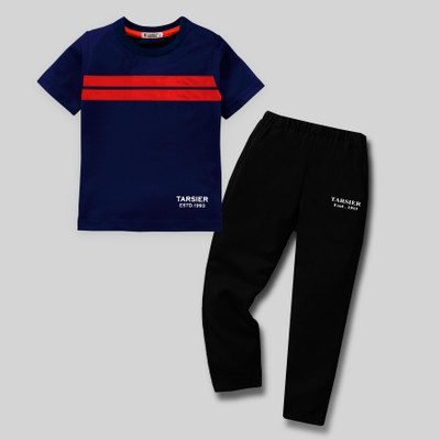 tarsier Boys Casual T-shirt Track Pants(DOUBLE STRIPE NAVY S.SLV_BK.PANT)