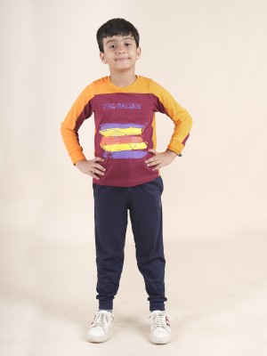 KiddoPanti Boys Casual T-shirt Track Pants(Brown & Navy)