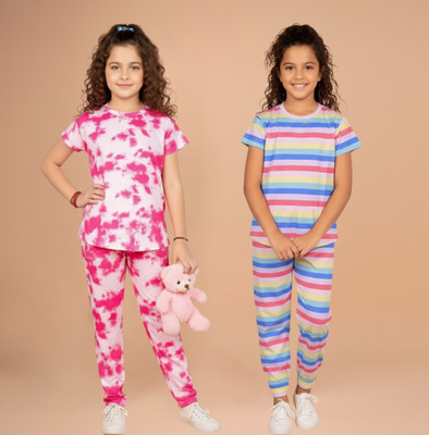FEBVIBE Girls Casual T-shirt Pyjama(Multicolor 16)