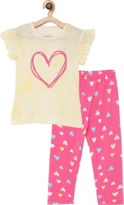 Baby's Pride Girls Casual T-shirt Pant(Yellow, Pink)