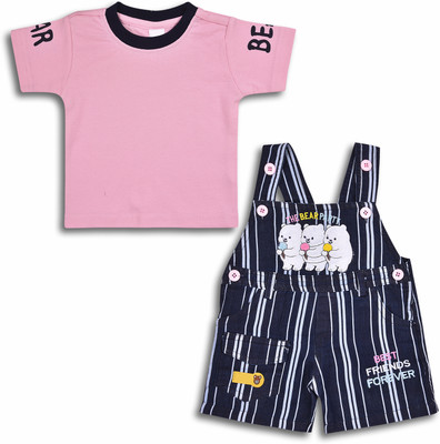 Wishkaro Baby Boys Casual T-shirt Dungaree(Baby Pink, Dark Blue)