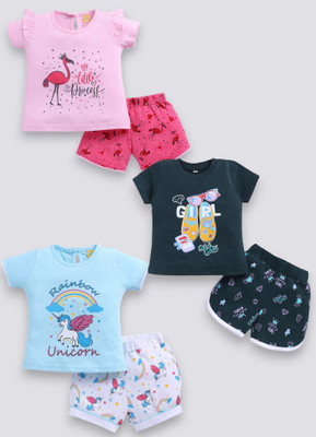 carrydreams Girls Casual Top Shorts(PINK_SKYBLUE_BOTTLEGREEN)