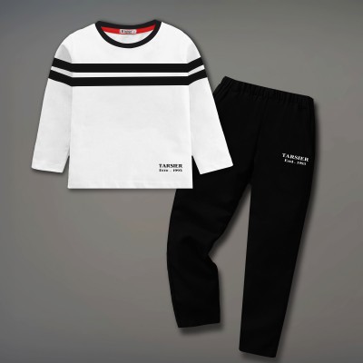 tarsier Boys Casual T-shirt Track Pants(DOUBLE STRIPE WHITE L.SLV_BK.PANT)