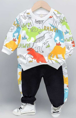Aj Affo Baby Boys Dinosaur Party(Festive) T-shirt Track Pants(White)