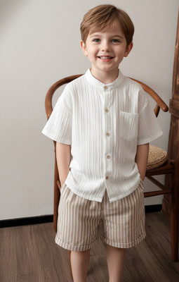 SEFVONA Boys Party(Festive) Shirt Shorts(WHITE, Light Brown)