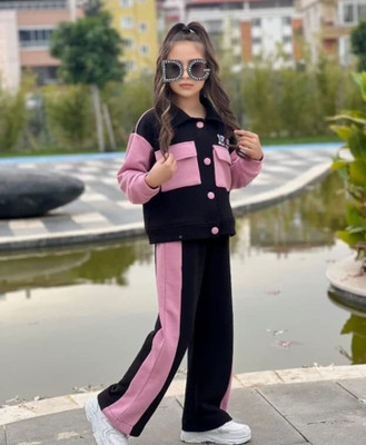 Mayneisha Girls Casual Jacket Track Pants(Pink-Black)