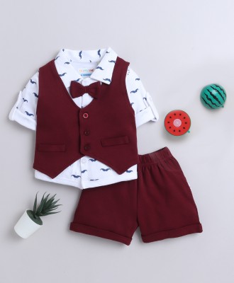 BUMZEE Boys Party(Festive) Shirt Shorts, Waistcoat(Maroon & White)