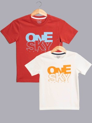 one sky Boys Geometric Print, Graphic Print Pure Cotton Regular T Shirt(Red, Pack of 2)