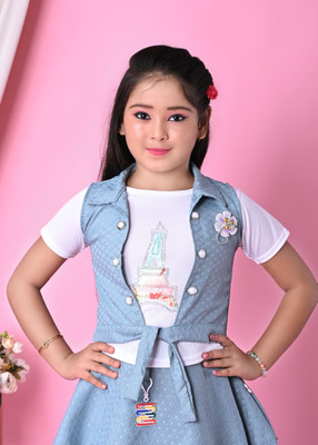 AngelFashion Girls Casual Skirt Jacket, T-shirt(Blue)