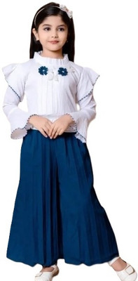 Mijaashree Girls Casual Top Pant(White / Dark Blue)