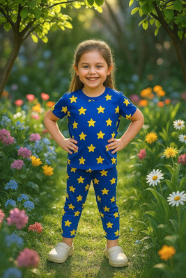 Piku Store Baby Girls Casual T-shirt Track Pants(Dark Blue:Star)