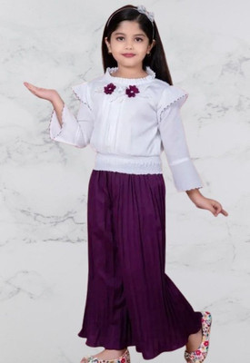 Vijatree Girls Casual Top Pant(White / Purple)