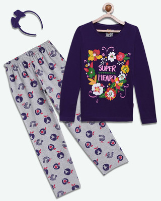 HouseOfCommon Girls Casual Pyjama Sleepsuit(PUR_ABC)