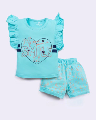CERABI Girls Casual Top Shorts(Blue)
