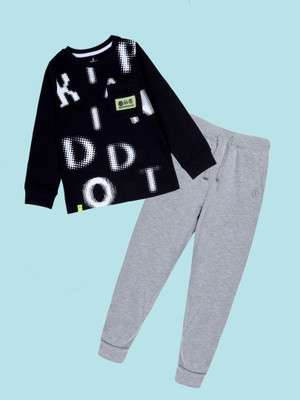 KiddoPanti Boys Casual T-shirt Track Pants(Black & Grey Melange)